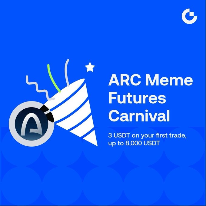 A blue promotional graphic with a 'G' logo announces an 'ARC Meme Futures Carnival' offering '3 USDT on your first trade, up to 8,000 USDT', featuring a tornado illustration and an 'A' coin icon.