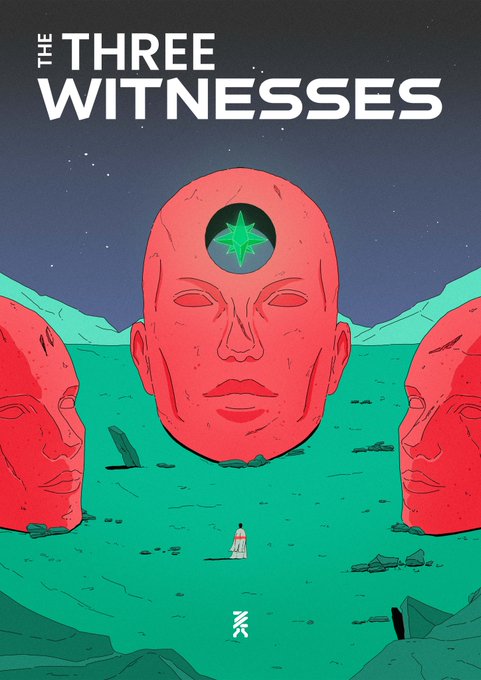 Illustration for 'The Three Witnesses' depicting large red stone heads in a green landscape under a starry sky, with a small figure standing before them.