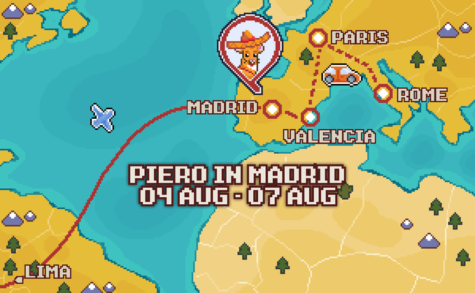 A pixel-art style game map showing a travel route with text 'PIERO IN MADRID 04 AUG - 07 AUG', featuring cities like Lima, Madrid, Valencia, Paris, and Rome connected by a red flight path.