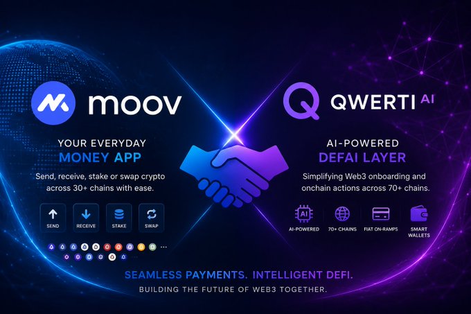 A promotional graphic announcing a partnership between Moov ("Your Everyday Money App") and QWERTI AI ("AI-Powered DeFAI Layer") with the tagline "Seamless Payments. Intelligent DeFi."