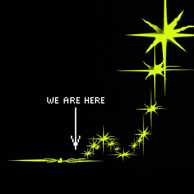 A black background featuring yellow star-like shapes on the right side with an arrow pointing to a small mark and text reading 'WE ARE HERE'.