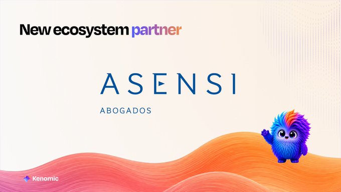 A promotional graphic welcoming Asensi Abogados as a new ecosystem partner to Kenomic, featuring the "New ecosystem partner" headline, the Asensi logo, the Kenomic brand mark, and a colorful rainbow mascot waving against a flowing orange and pink gradient background, visually celebrating the partnership that unites their legal and blockchain expertise.