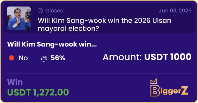The image shows a purple background with white text that reads "Will Kim Sang-wook win the 2016 Ulsan mayoral election? Yes!". The text also includes an image of Kim Sang-wook, which is a photo of him. The image has a watermark in the bottom right corner that says "Biggerzt trends".