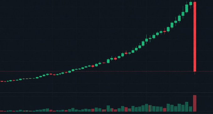 A candlestick chart shows a steady upward trend that ends with a massive red crash candle at the far right, perfectly capturing the moment an altcoin plummets right after buying in.