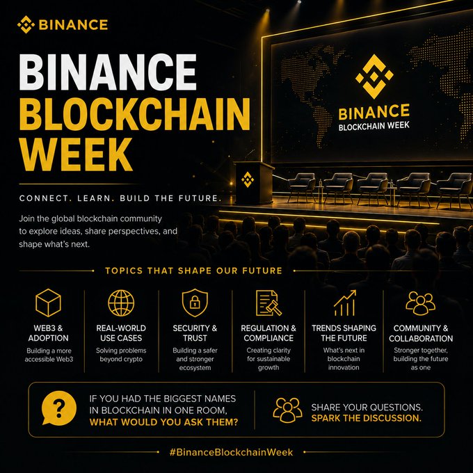 A promotional graphic for "Binance Blockchain Week" featuring the event tagline "Connect. Learn. Build the Future." and highlighting six discussion topics: Web3 & Adoption, Real-World Use Cases, Security & Trust, Regulation & Compliance, Trends Shaping the Future, and Community & Collaboration.

The image complements the post by visually representing the very questions the author is asking—showcasing how the event's topics (like Web3 adoption and real-world use cases) directly address the curiosity about blockchain's accessibility and real-world impact beyond crypto prices.