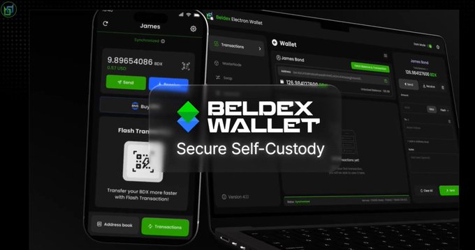 A promotional graphic for 'BELDEX WALLET - Secure Self-Custody' shows a smartphone displaying a balance of '9.89654086 BDX' alongside a laptop screen.