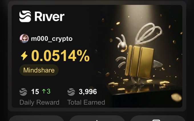 A crypto dashboard from River showing user m000_crypto with a '0.0514% Mindshare' metric and a golden rabbit mascot.