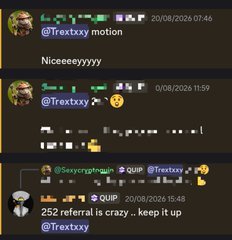 A Discord chat screenshot from August 2026 shows exchanges with users 'Trextxxy motion', 'Trextxxy', and '@Saxycryptogain' sharing referrals and emojis.