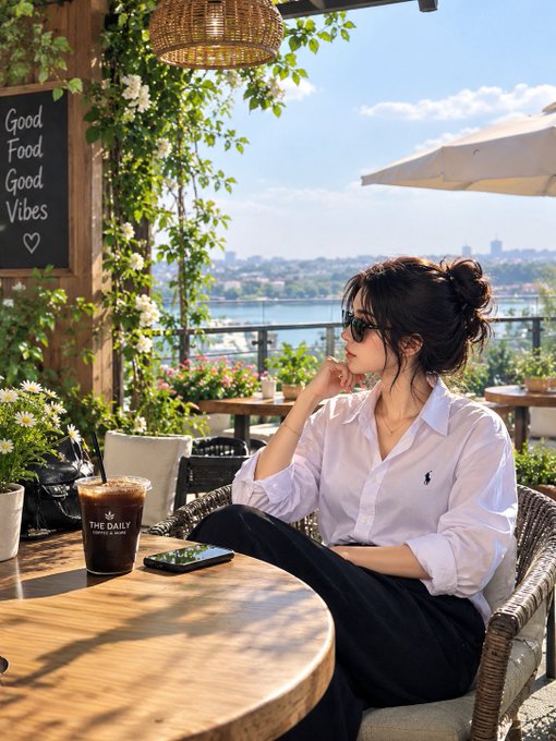 A young woman in sunglasses and a white button-down shirt sits at an outdoor café table with an iced coffee and phone, with a chalkboard sign reading "Good Food Good Vibes ♡" nearby.