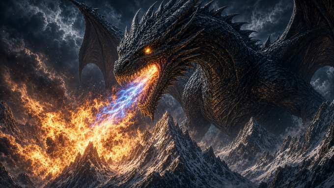 A fierce black dragon with glowing orange eyes breathes a stream of blue and orange fire over a jagged, snow-capped mountain range under a stormy sky.