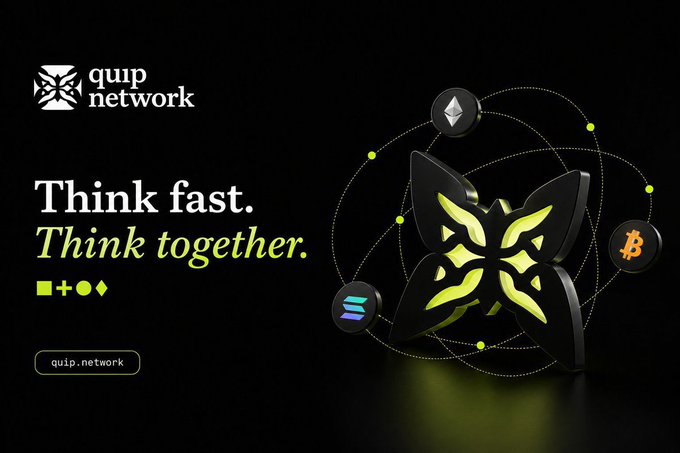 A promotional graphic for 'quip network' with the tagline 'Think fast. Think together.' featuring a 3D black and yellow butterfly-shaped emblem connected to cryptocurrency icons including Ethereum and Bitcoin on a black background.