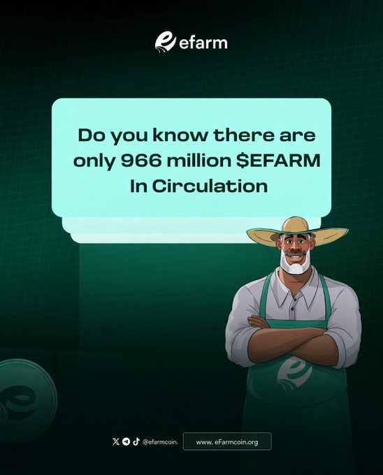 Efarm coin promotional graphic stating 'Do you know there are only 966 million $EFARM In Circulation,' featuring an illustrated farmer character and contact info www.efarmcoin.org.