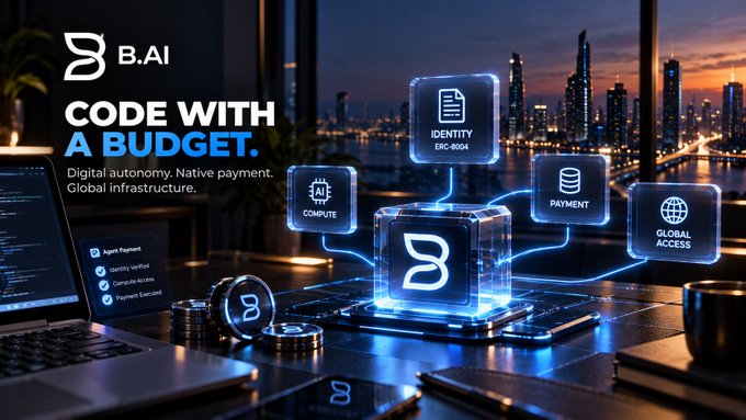 An advertisement for B.AI with the tagline "CODE WITH A BUDGET," highlighting digital autonomy, native payment, and global infrastructure features.