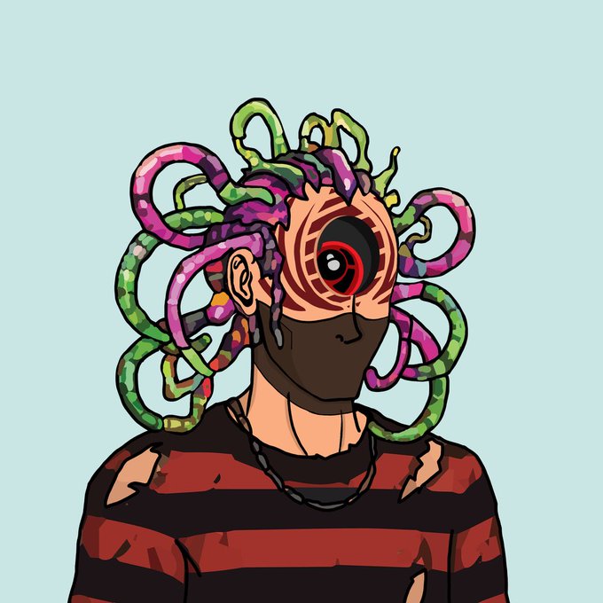 An illustration of a person with a masked face featuring a single eye, surrounded by purple and green snake-like hair, wearing a striped shirt.