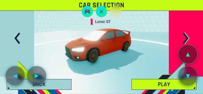 Video game car selection screen displaying a red 'Lunar GT' sedan with a 'PLAY' button, controller icons, and directional navigation arrows on a bright yellow and pink interface.