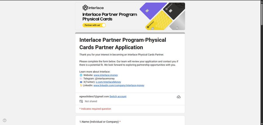 A Google Form titled 'Interlace Partner Program-Physical Cards Partner Application' featuring the Interlace logo and images of purple, yellow, and black physical cards, with contact links to interlace.money website, Telegram, X (Twitter), and LinkedIn.