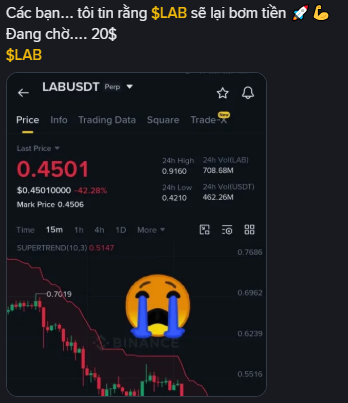 A crypto price tracker for 'LABUSDT Perp' showing a last price of 0.4501 with a -42.28% drop, accompanied by Vietnamese text and a crying emoji over a red downward chart.