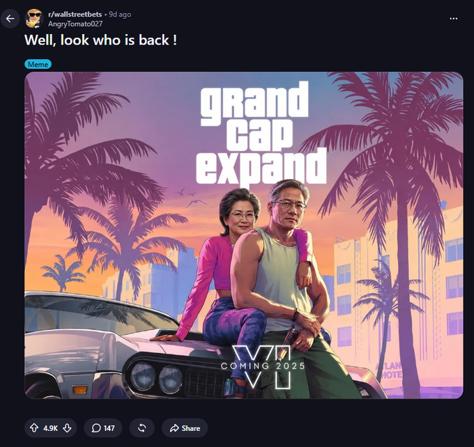 A Reddit post screenshot from r/wallstreetbets by user AngryTomato027 titled 'Well, look who is back!' featuring a 'Grand Cap Expand' meme styled like a GTA video game cover with two older characters sitting on a car, marked 'Coming 2025'.
