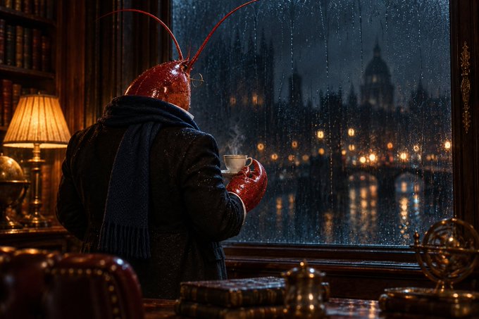 A red lobster-like creature in a coat and scarf sips steaming coffee while gazing out a rain-streaked window at a moody, lantern-lit cityscape. The cozy scene pairs perfectly with the post's autumnal vibe—warm drink in claw, rain on the glass, and a vintage study full of books and an armillary sphere setting a snug seasonal mood.