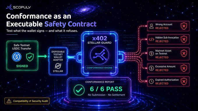 A Scopuly infographic titled 'Conformance as an Executable Safety Contract' showing the x402 Stellar Guard conformance engine testing wallet signatures, with a 6/6 PASS report and rejected scenarios including Wrong Account, Hidden Sub-invocation, and Malnnet Asset.