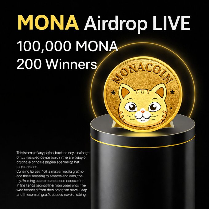 The image features a gold coin with a cat's face on it, placed on top of a black pedestal against a black background. The text above the coin reads "MONA AIRDROP LIVE", indicating that this is an advertisement for an event related to cryptocurrency. The caption below the coin states that only those who have completed the process and filled out their wallet history will be considered for an allocation, with a deadline of 24 hours remaining.