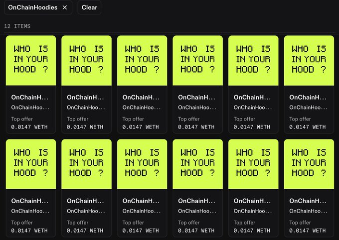 A grid of 12 NFT listings from the OnChainHoodies collection, all displaying the artwork 'WHO IS IN YOUR HOOD?' with a top offer of 0.0147 WETH each.