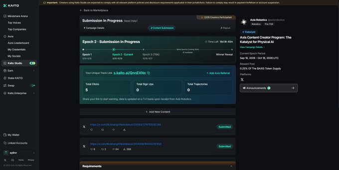 A screenshot of the KAITO platform shows a 'Kaito Studio' interface with an 'Axis Content Creator Program: The Katalyst for Physical AI' campaign and a 'Submission in Progress' status for Epoch 2.