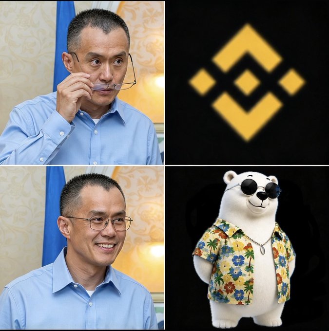 Four-panel collage featuring photos of a man in a blue shirt with glasses, the Binance logo (gold), and a white bear wearing sunglasses and a floral Hawaiian shirt.