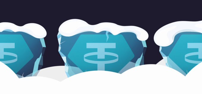 A digital illustration of three blue Tether (USDT) cryptocurrency logos encased in ice blocks covered with snow against a dark background.