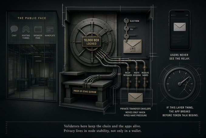 The image is a dark, industrial-style infographic depicting the underlying infrastructure of the Beldex network, featuring a vault door labeled "10,000 BDX LOCKED," a "PROOF-OF-STAKE QUORUM" pedestal, and various labeled components like "LWS LAYER," "ELECTRON CLI," and "PRIVATE TRANSFER ENVELOPE." It visually reinforces the accompanying post's thesis by contrasting the "PUBLIC FACE" (Chat, Routing Tunnel, Browser, Nameplate) with the hidden, pressurized mechanics of node stability and privacy that keep the apps running.