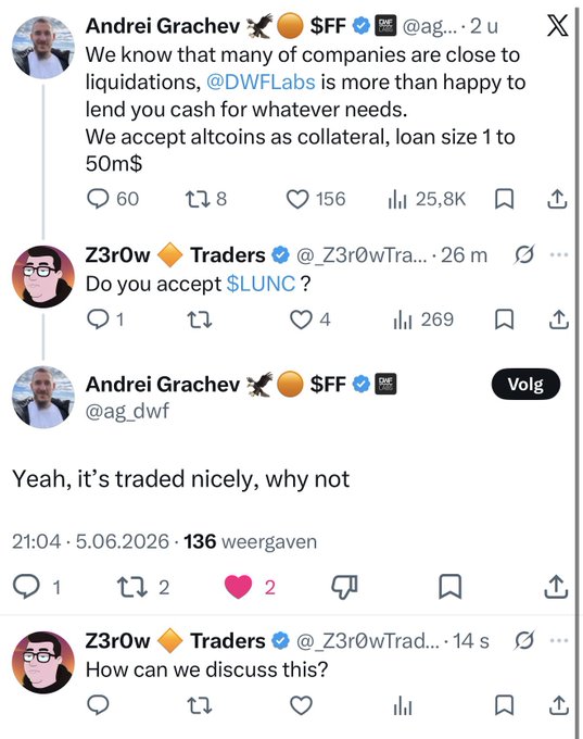 The image shows a Twitter post with three different posts displayed, each containing text from various people. The first post has a caption that reads "We know that many of companies are close to liquidations @DFLabs", while the second post has a caption that says "Do you accept alc? SFFLN?". The third post features a caption with an image of a person's face and text, which is likely related to the discussion about trading.