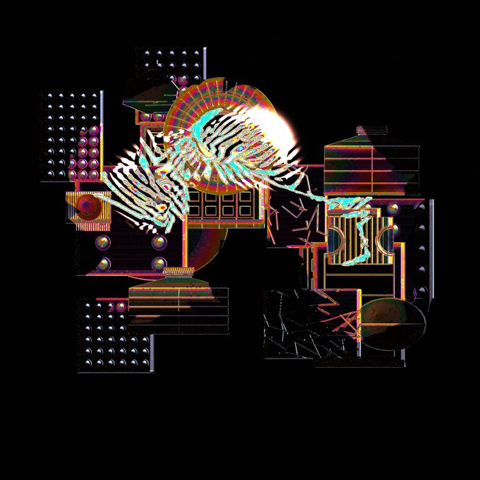 A glitchy, dark digital artwork with rainbow distortion effects showing abstract mechanical and skeletal shapes.