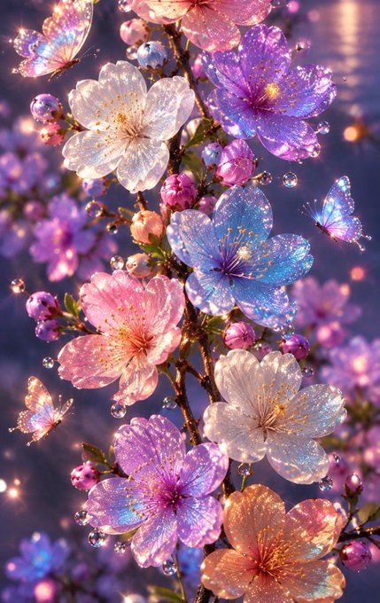 A vertical arrangement of iridescent, crystalline cherry blossoms in shades of pink, purple, white, and blue shimmers against a deep twilight background, accompanied by delicate butterflies and glistening water droplets. The dreamlike, fantasy-style artwork captures the ethereal beauty of spring blooms rendered in a jewel-like, sparkling aesthetic.