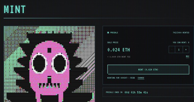 The image shows an NFT minting page for a "PRESALE" featuring a pink pixel-art skull, with a sale price of 0.024 ETH, 747/2400 minted, and a countdown of 00d 01h 53m 41s remaining. This aligns with the poster's comment about skipping the mint due to the high price, which appears to include an additional 0.0009 ETH mint fee on top of the already costly 0.024 ETH entry point.