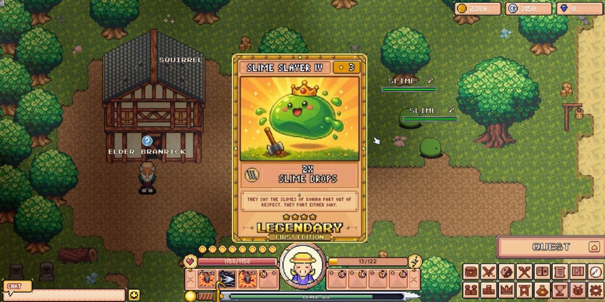 A screenshot of the "Slime Slayer IV" legendary trading card being displayed in the mobile game's inventory, showing "2X Slime Drops" with a humorous note "They say the slimes of Kuhria fart out of respect. They fart either way," while the player character (level 23) stands near Elder Branrick with 2389 gold and 3150 gems visible in the top UI. The image illustrates the post's point about in-game tradable NFT cards providing gameplay buffs like the "2X Slime Drops" multiplier that can be equipped by gamers within the actual game world.