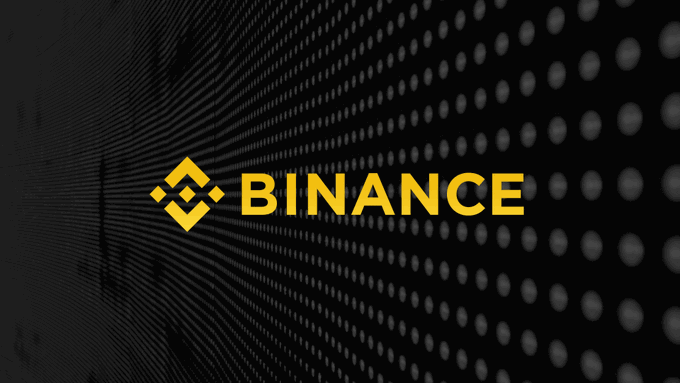 The Binance logo, featuring its distinctive yellow diamond emblem and "BINANCE" text, is displayed against a dark background patterned with a grid of dots. This branding image accompanies a report highlighting that Binance's spot trading volume has significantly declined to roughly 10% of its perpetual futures volume.