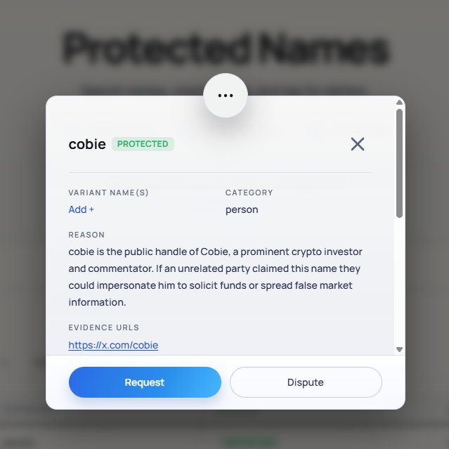 A screenshot of a 'Protected Names' interface showing a request to protect the handle 'cobie' as a person, with the reason stating cobie is a public handle of a crypto investor/commentator, with an X/Twitter URL provided as evidence.