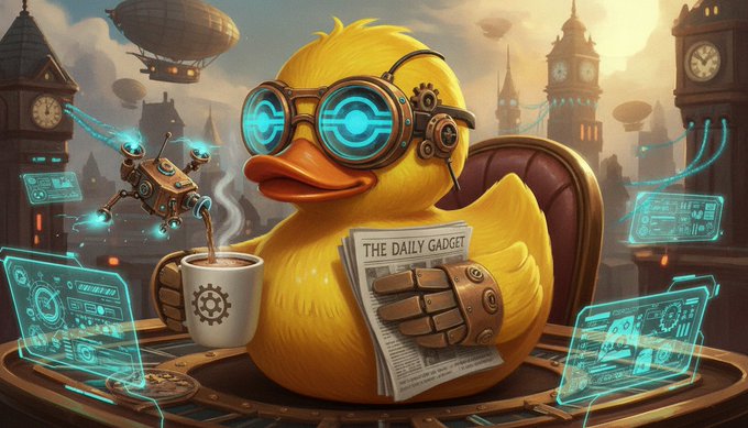 The image features a cartoon duck sitting at a desk, holding a newspaper and a cup of coffee while wearing goggles. The background shows a city skyline filled with buildings and flying saucers. The caption for the image reads "Good Morning Quackers Most protocols bleed value because they ignore execution quality. Wallchain turns that lost attention into actual revenue. Efficiency is the only real alpha."