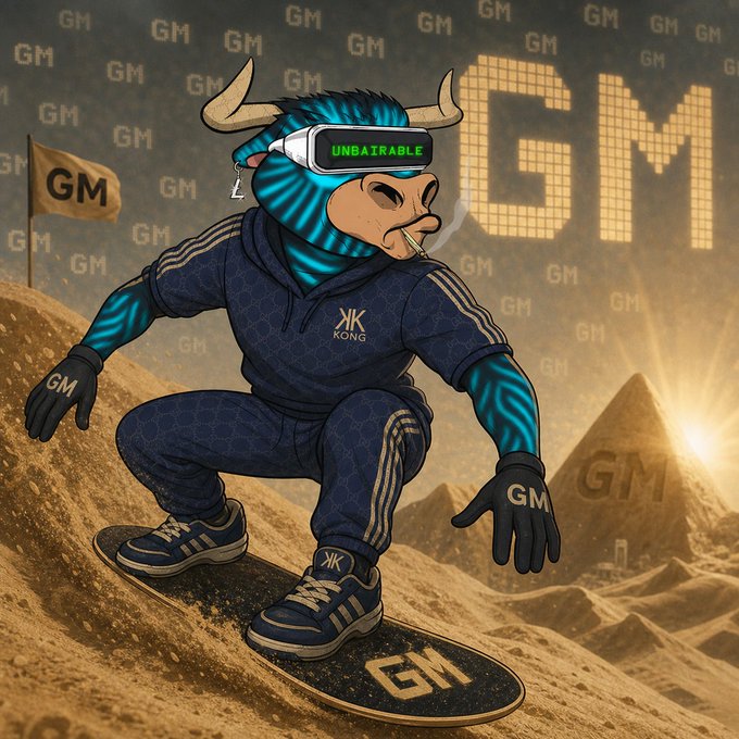 A blue-skinned bull character wearing a VR headset labeled "UNBAIRABLE," a hoodie and tracksuit branded with "KONG," and gloves marked "GM" rides a "GM"-branded snowboard across a desert landscape, while "GM" appears throughout the background and on a flag, reinforcing the post's bullish greeting.