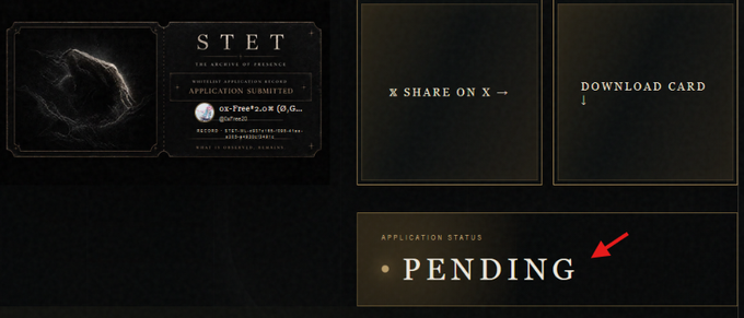 The graphic displays a STET "The Archive of Presence" whitelist application card alongside a status panel showing "APPLICATION STATUS: PENDING," indicating the user has submitted their whitelist entry for the STET NFT collection on GIWA Chain and is awaiting approval. The red arrow highlights the pending status after submission.