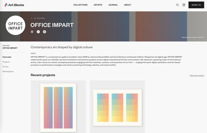 A screenshot of the Art Blocks website showing the "OFFICE IMPART" gallery page, which describes itself as "Contemporary art shaped by digital culture" with recent abstract projects displayed.