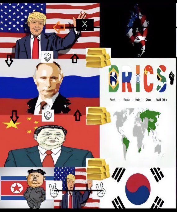 This image depicts cartoon depictions of Trump, Putin, and Xi Jinping, alongside BRICS nation flags and gold bars, suggesting a geopolitical shift potentially related to XRP and upcoming financial news. The presence of these leaders and the BRICS acronym directly connects to the post's discussion of global power dynamics and financial developments.