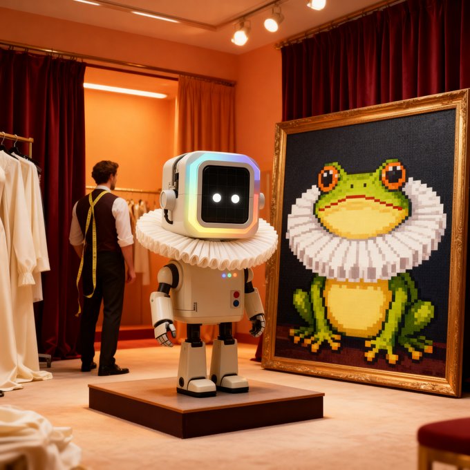 A small robot with a pixelated screen face stands on a pedestal wearing a white ruffled collar, while a tailor in a measuring tape looks on beside a giant framed NFT pixel-art portrait of a grinning frog also sporting a matching Elizabethan ruff. The whimsical scene captures the post's caption, as the befuddled tailor appears to question the absurdity of dressing robotic and amphibian nobility alike.
