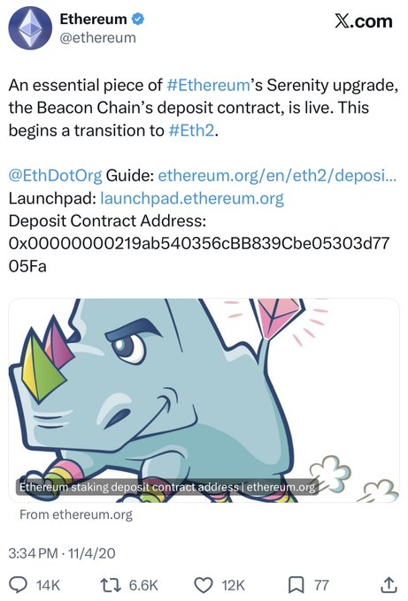 A tweet from @ethereum announcing the Beacon Chain's deposit contract is live for the Serenity upgrade, including the deposit contract address and an illustration of a rhino.