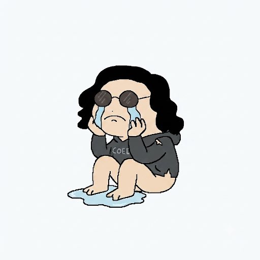 A cartoon figure with dark hair and sunglasses sits barefoot in a puddle, crying heavily while wearing a sweater labeled "COEL." The image visually captures the post's theme of putting on a brave front ("shades on") while visibly breaking down ("tears down") over $COELY losses ("bags heavy").