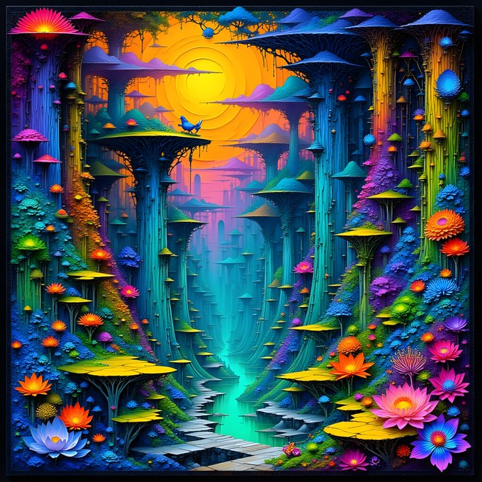 A vibrant, surreal digital artwork depicting an alien forest landscape with tall mushroom-like structures, colorful flora, and a small blue bird perched on a ledge, all illuminated by a bright yellow sun.