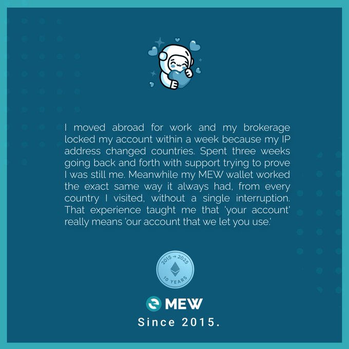 A teal promotional graphic for MEW (MyEtherWallet) celebrating 10 years (2015-2025), featuring text about how a brokerage locked an account due to IP change while their MEW wallet worked seamlessly across countries.