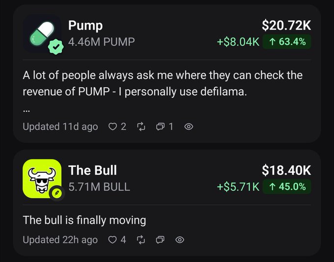 A screenshot showing two cryptocurrency listings — "Pump" ($20.72K, +63.4%) with 4.46M PUMP tokens and "The Bull" ($18.40K, +45.0%) with 5.71M BULL tokens — directly supports the post celebrating another 50%+ day for $BULL and the momentum of the ongoing bull market.