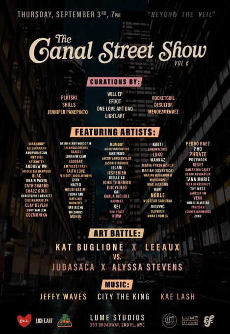 A promotional poster for 'The Canal Street Show Vol. 6' taking place Thursday, September 3rd at 7PM at Lume Studios (393 Broadway, 2nd Fl, NYC), featuring curations by Plotski, Shills, Jennifer Panepinto, Will EP, EFDOT, One Love Art Dao, Lightart, Rocketgirl, Desultor, and Mendezmenzdez, with musical performances by Jeffy Waves, City the King, and Kae Lash.