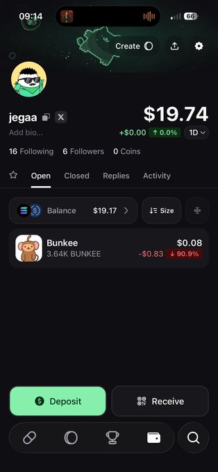 The image shows a trading app profile for user "jegaa" displaying a portfolio balance of $19.74 with a -90.9% loss on Bunkee (3.64K tokens down $0.83). The screen features "Deposit" and "Receive" buttons at the bottom, illustrating the user's modest $19 trading balance referenced in the caption asking what to buy next.